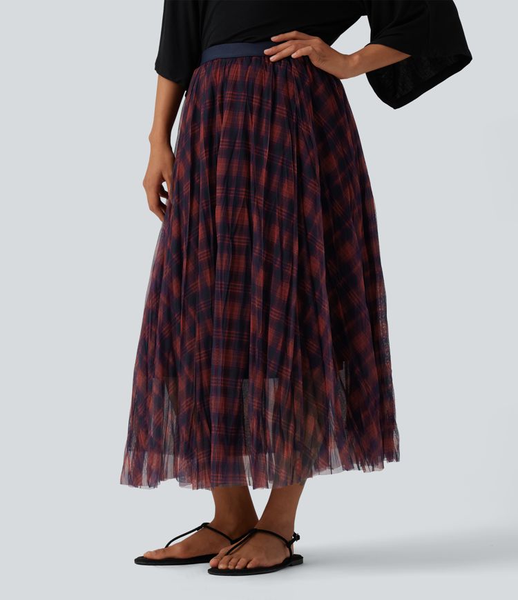 High Waisted Plaid Maxi Casual Skirt