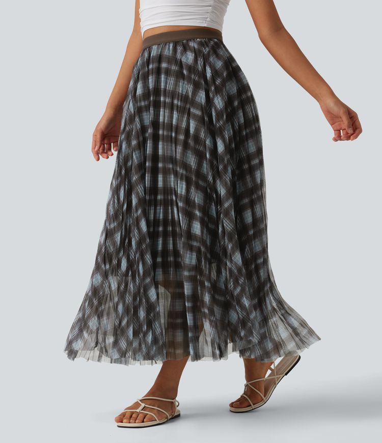 High Waisted Plaid Maxi Casual Skirt