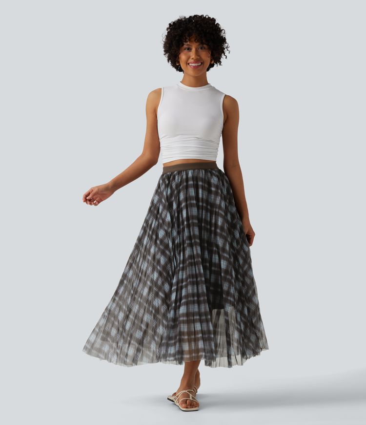 High Waisted Plaid Maxi Casual Skirt