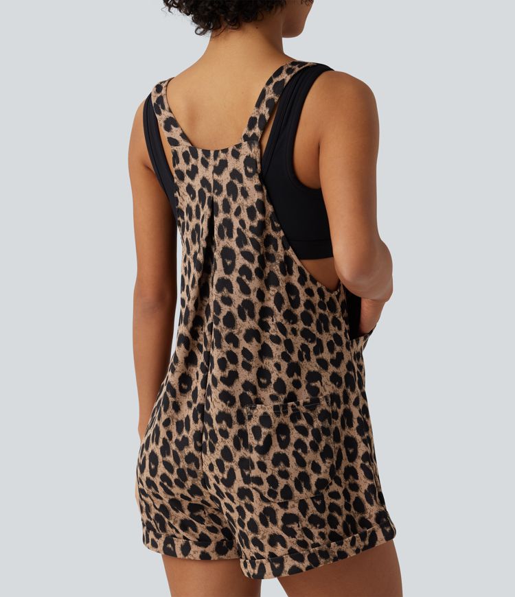 Lässige Jumpsuit mit mehreren Taschen, Leopardenmuster und Waffelstruktur