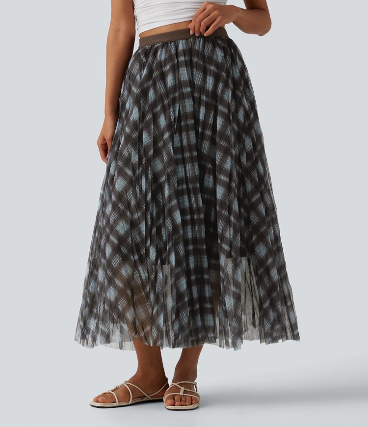 High Waisted Plaid Maxi Casual Skirt