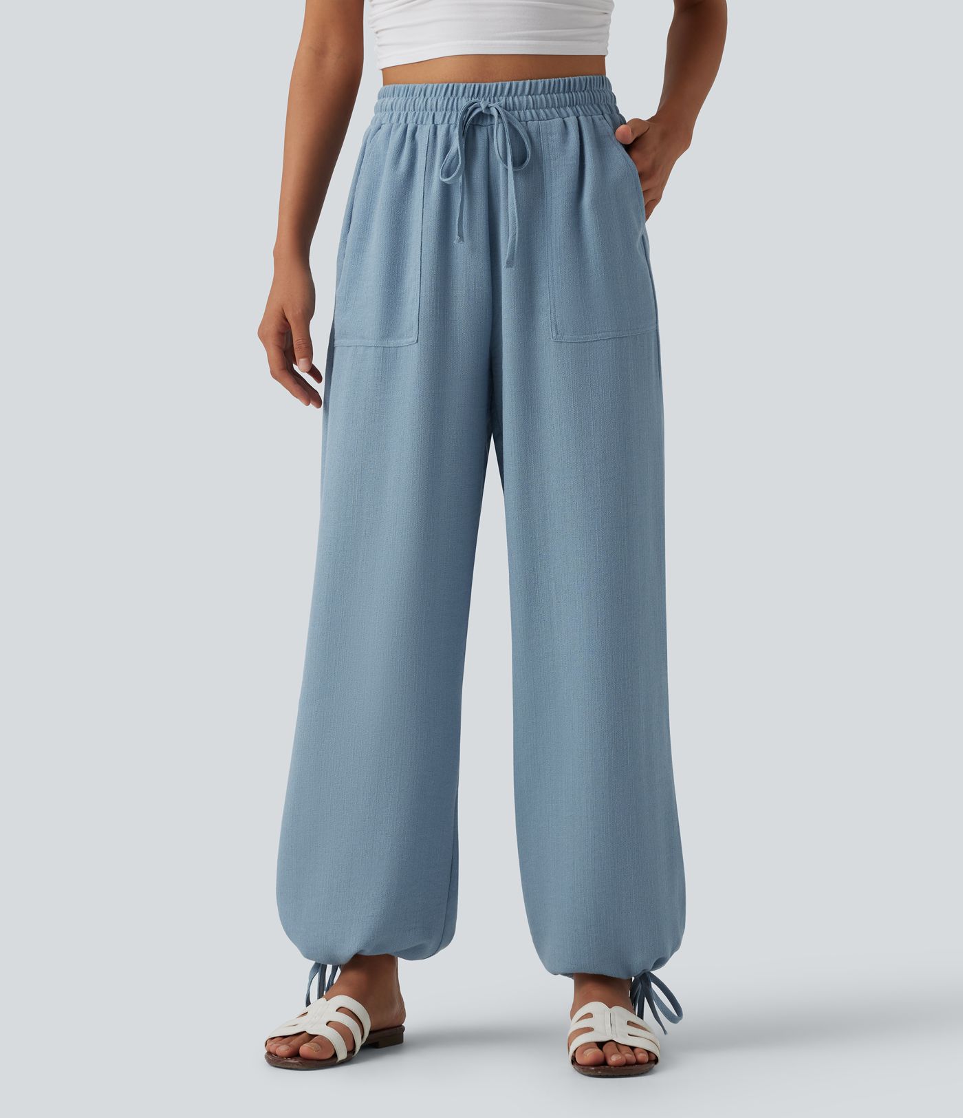 High Waisted Drawstring Wide Leg Casual Joggers with Pockets