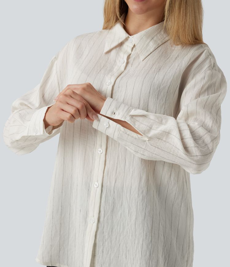 Long Sleeve Stripe Work Linen-Blend Shirt