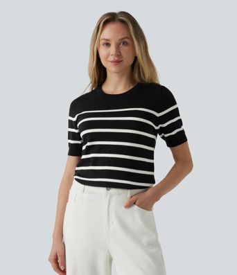 Round Neck Short Sleeve Stripe Work Sweater