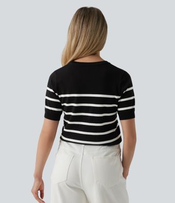 Round Neck Short Sleeve Stripe Work Sweater