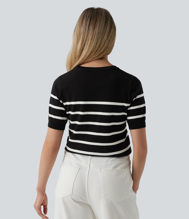Round Neck Short Sleeve Stripe Work Sweater