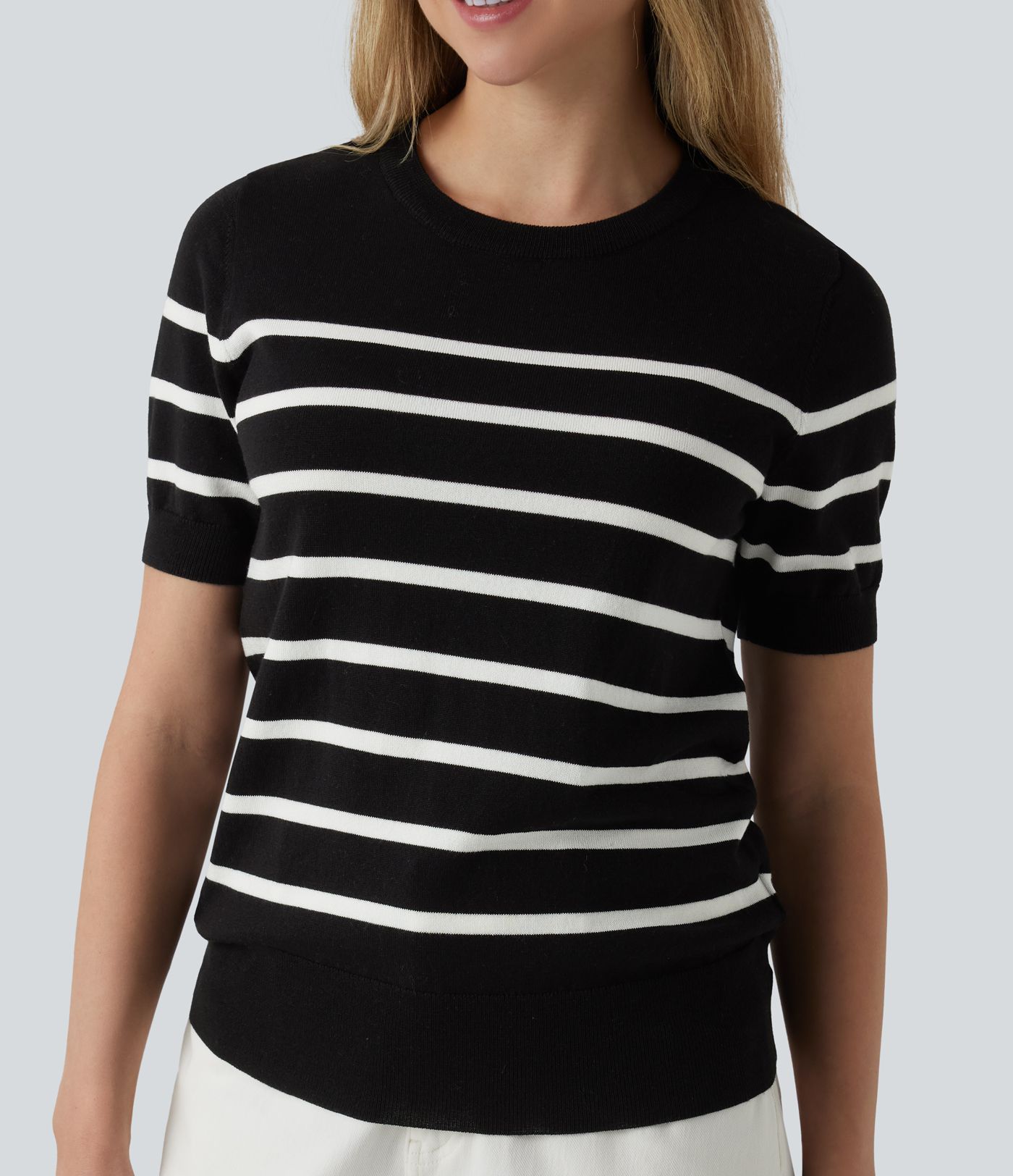Round Neck Short Sleeve Stripe Work Sweater
