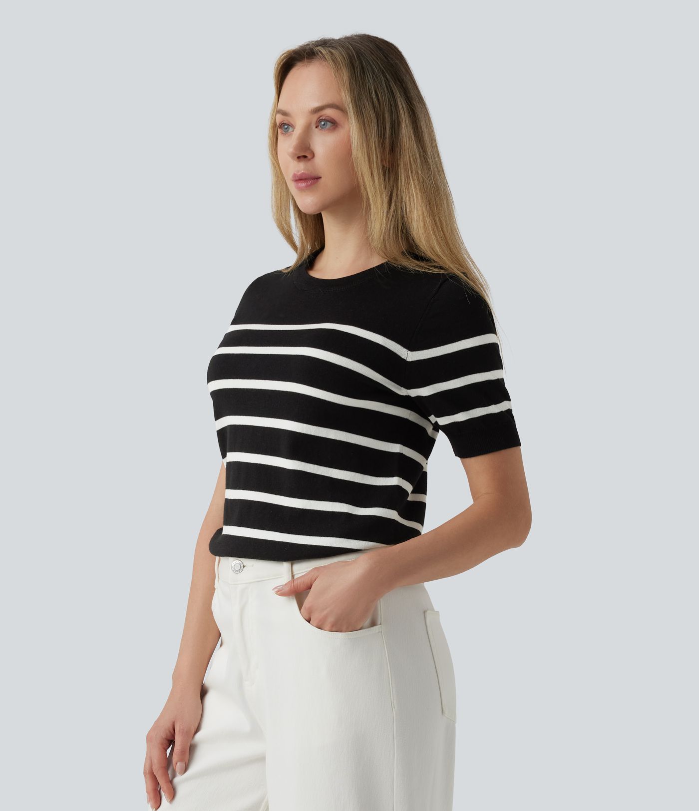Round Neck Short Sleeve Stripe Work Sweater