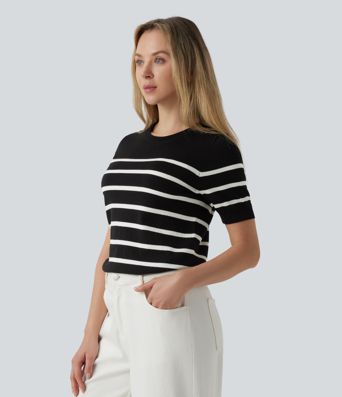 Round Neck Short Sleeve Stripe Work Sweater
