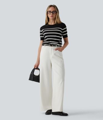 Round Neck Short Sleeve Stripe Work Sweater