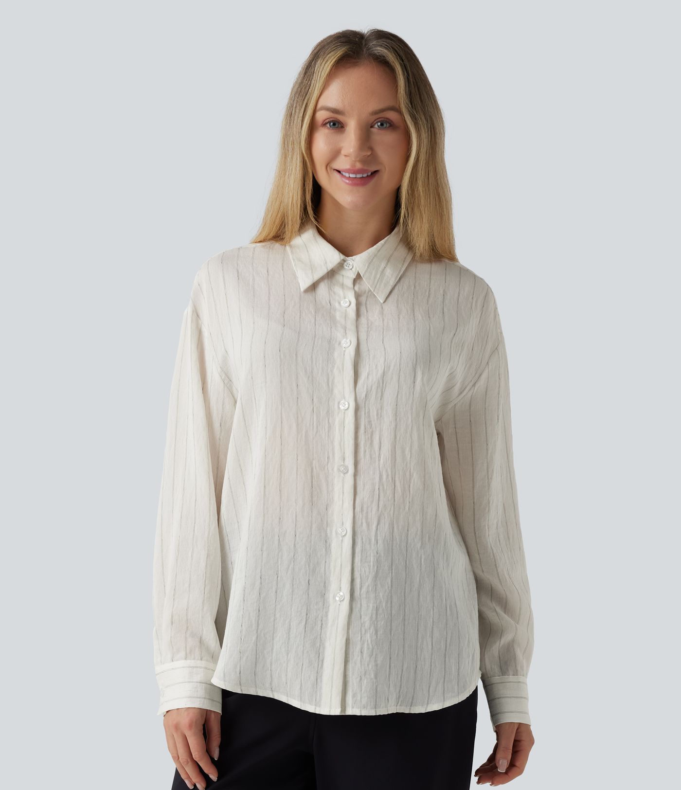 Long Sleeve Stripe Work Linen-Blend Shirt