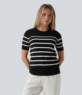 Round Neck Short Sleeve Stripe Work Sweater