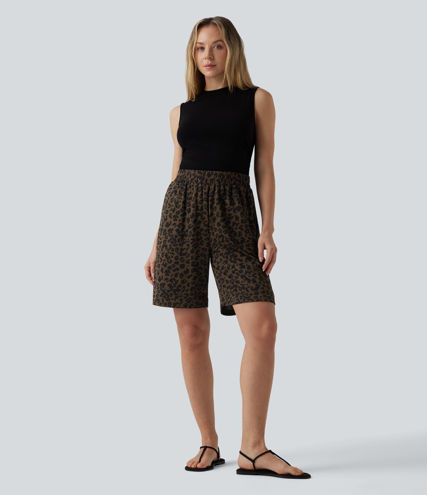 High Waisted Leopard Print Casual Bermuda Shorts with Pockets
