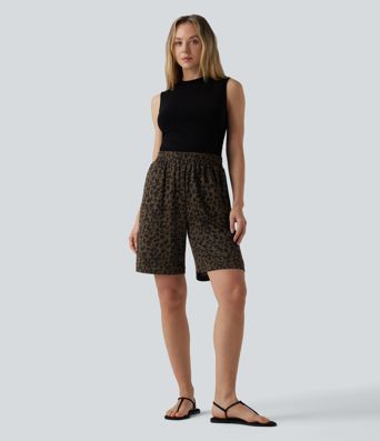 High Waisted Leopard Print Casual Bermuda Shorts with Pockets