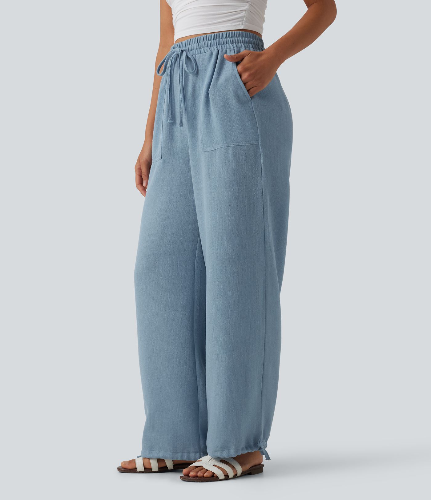 High Waisted Drawstring Wide Leg Casual Joggers with Pockets