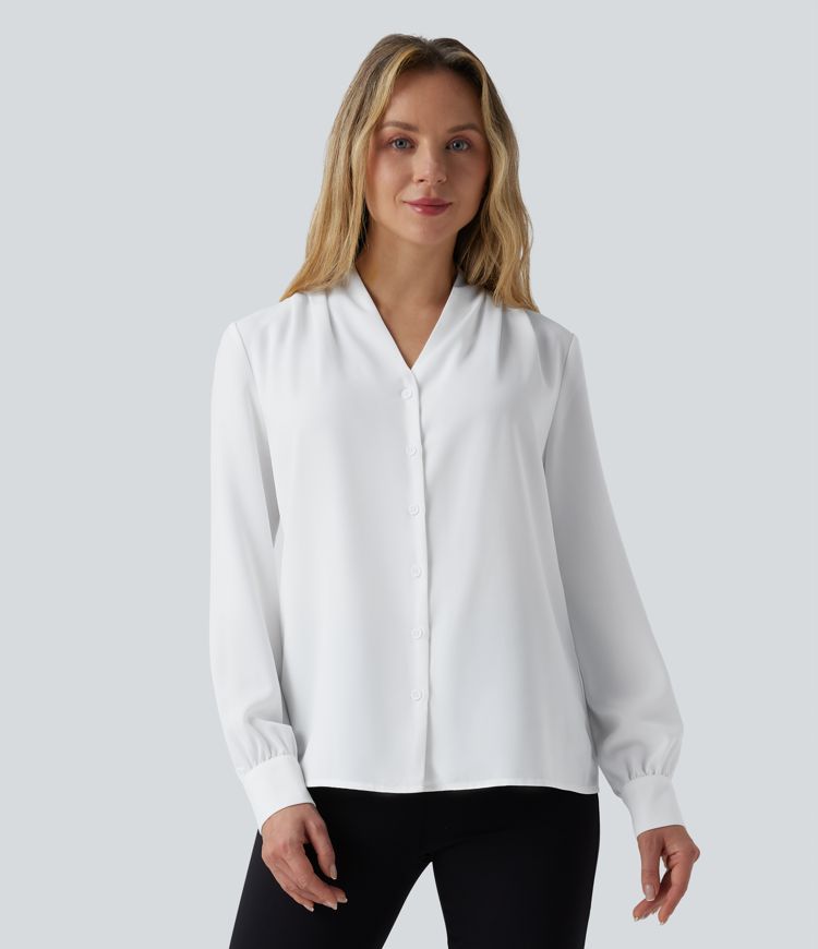 V-neck Long Sleeve Button Fly Relaxed Work Shirt