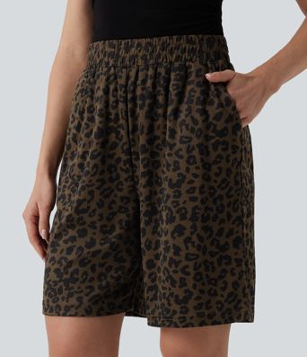 High Waisted Leopard Print Casual Bermuda Shorts with Pockets