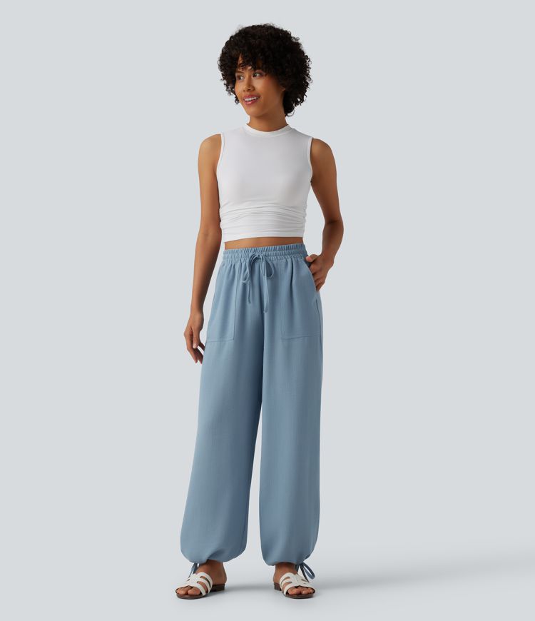 High Waisted Drawstring Wide Leg Casual Joggers with Pockets