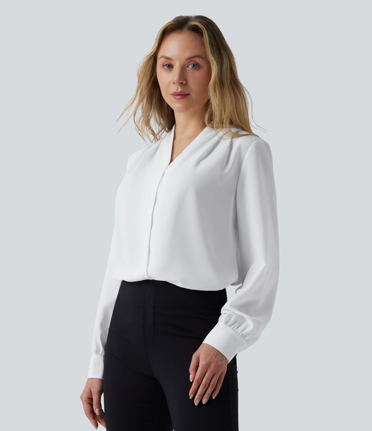 V-neck Long Sleeve Button Fly Relaxed Work Shirt