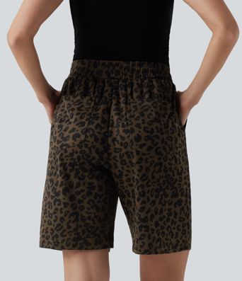 High Waisted Leopard Print Casual Bermuda Shorts with Pockets