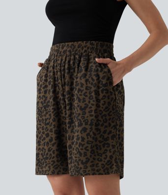 High Waisted Leopard Print Casual Bermuda Shorts with Pockets