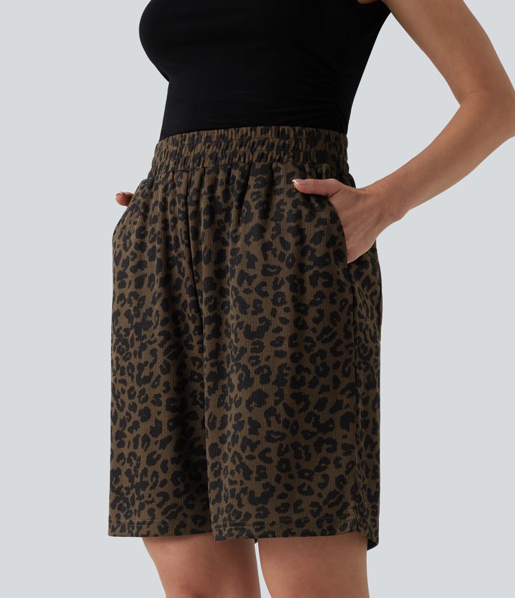 High Waisted Leopard Print Casual Bermuda Shorts with Pockets