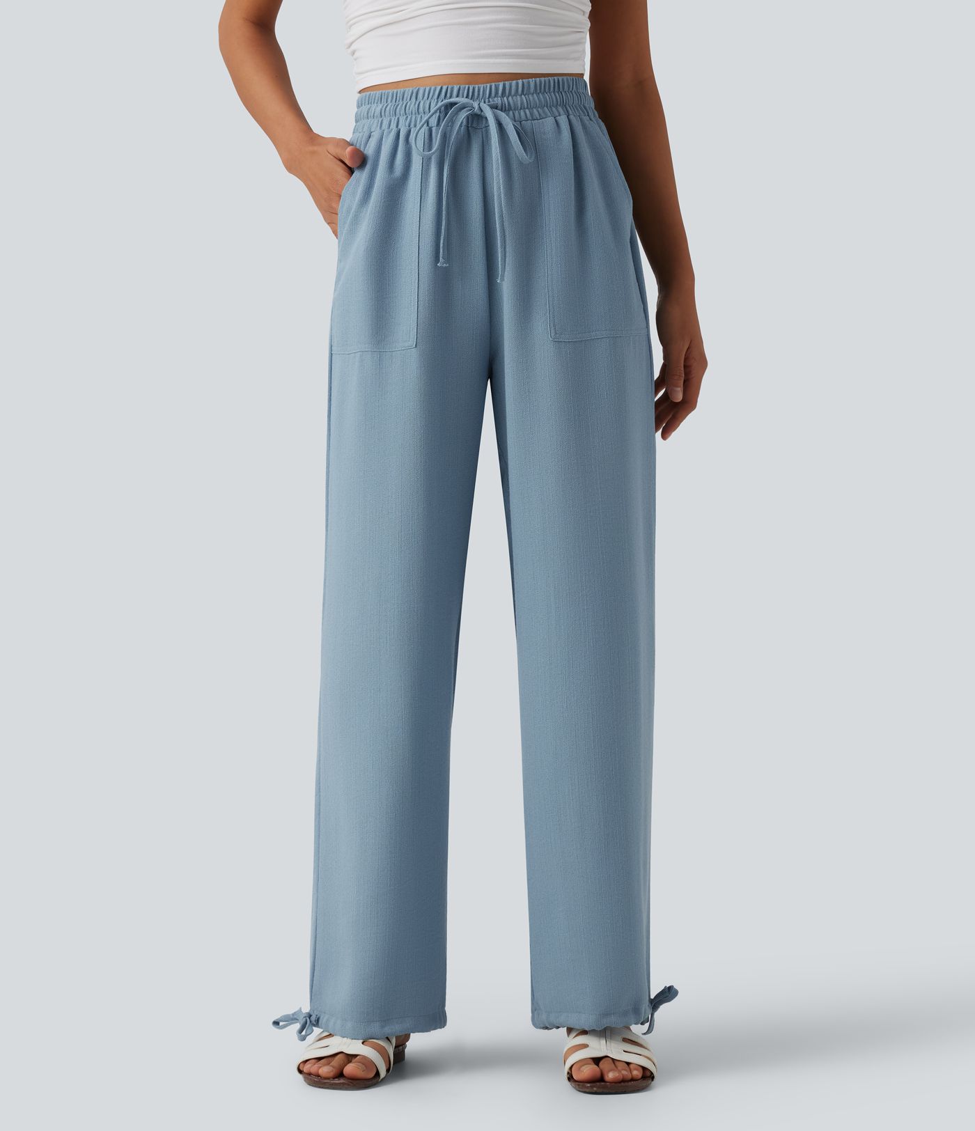 High Waisted Drawstring Wide Leg Casual Joggers with Pockets