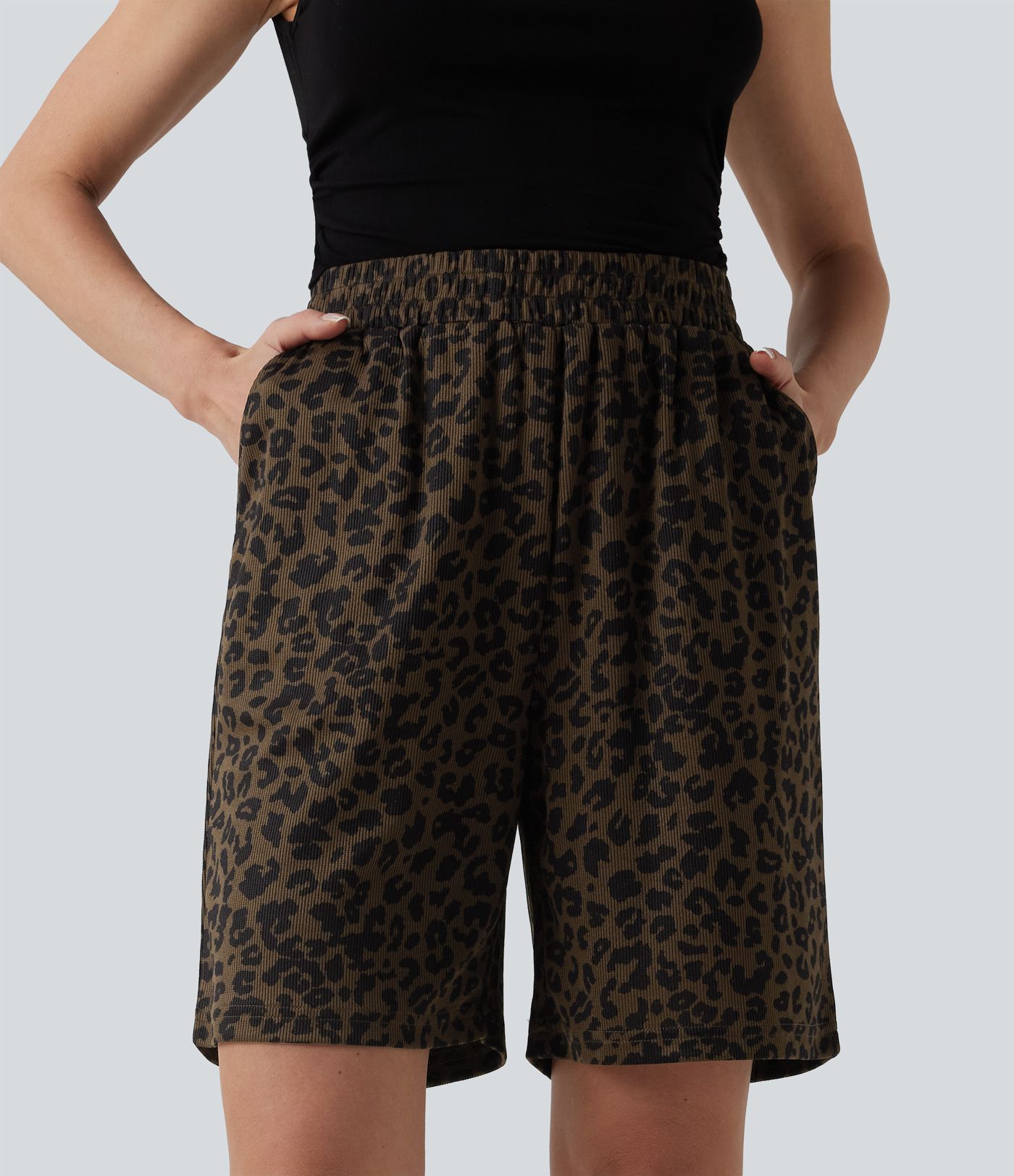 High Waisted Leopard Print Casual Bermuda Shorts with Pockets
