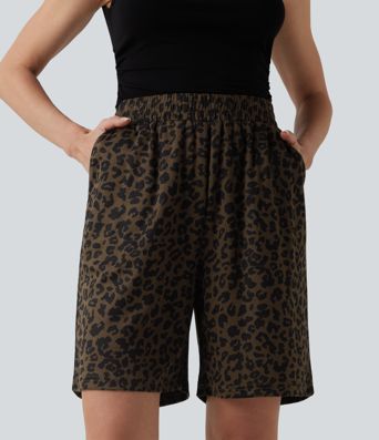 High Waisted Leopard Print Casual Bermuda Shorts with Pockets