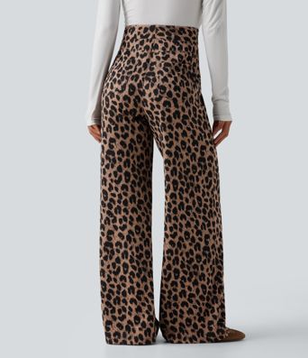 High Waisted Leopard Waffle Casual Baggy Pants with Pockets