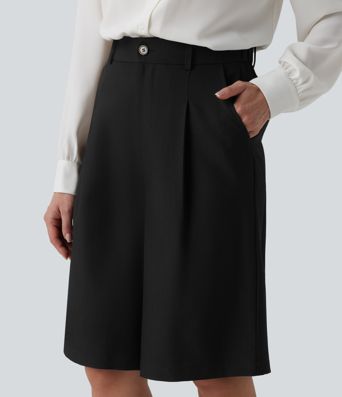 Wrinkle-resistant High Waisted Work Bermuda Linen-Feel Shorts with Pockets