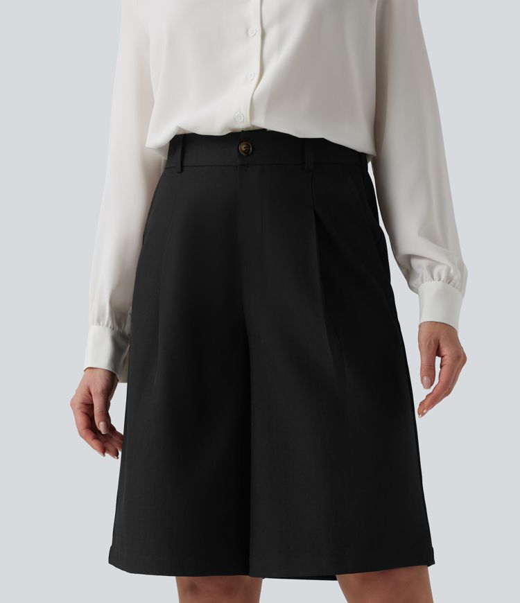 Wrinkle-resistant High Waisted Work Bermuda Linen-Feel Shorts with Pockets