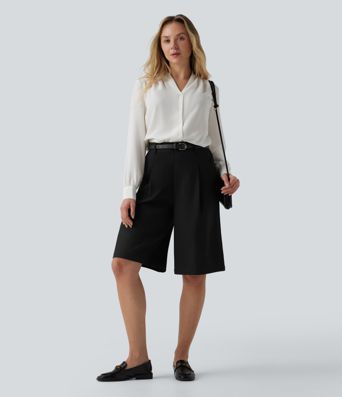 Wrinkle-resistant High Waisted Work Bermuda Linen-Feel Shorts with Pockets