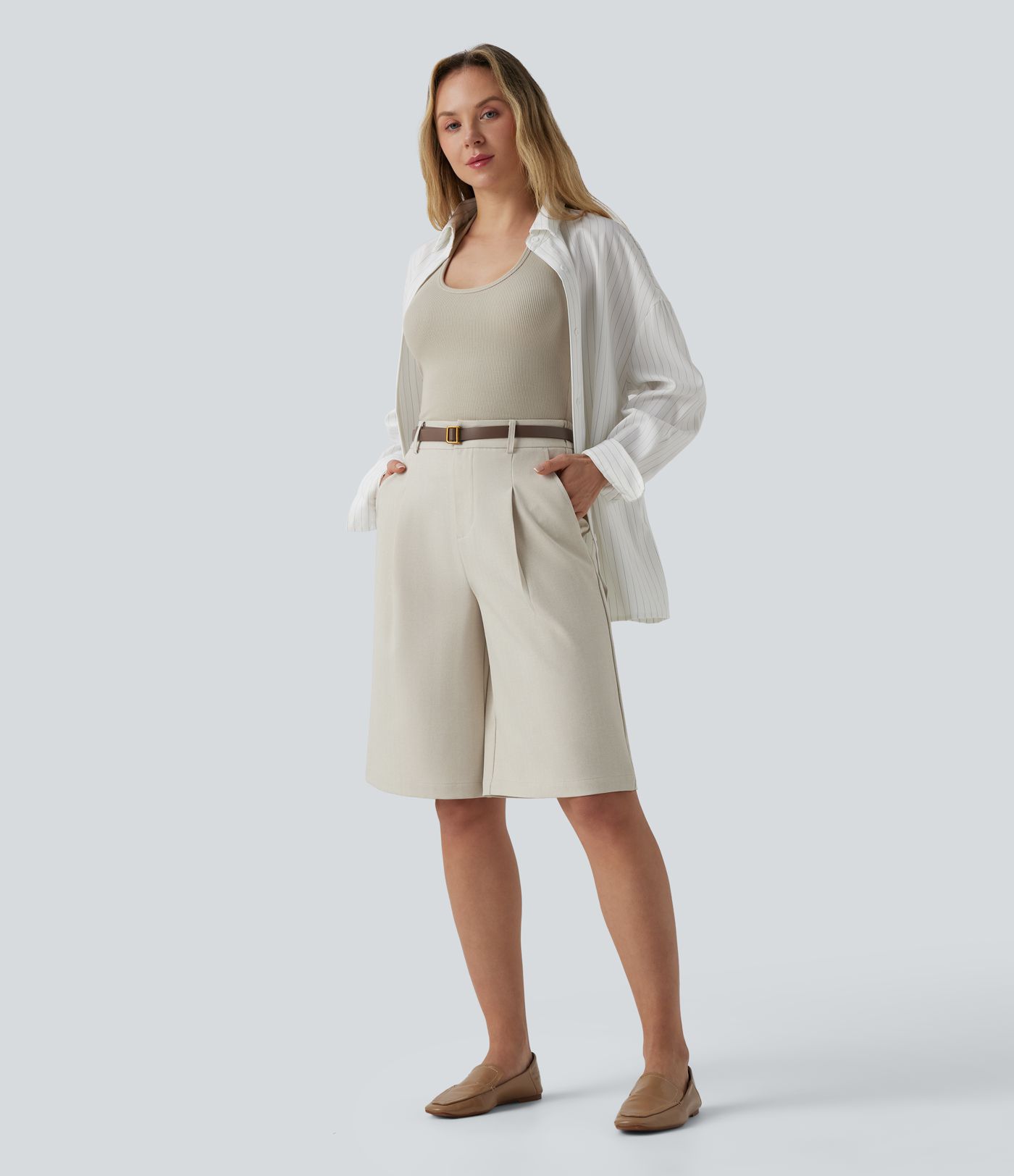 Wrinkle-resistant High Waisted Work Bermuda Linen-Feel Shorts with Pockets