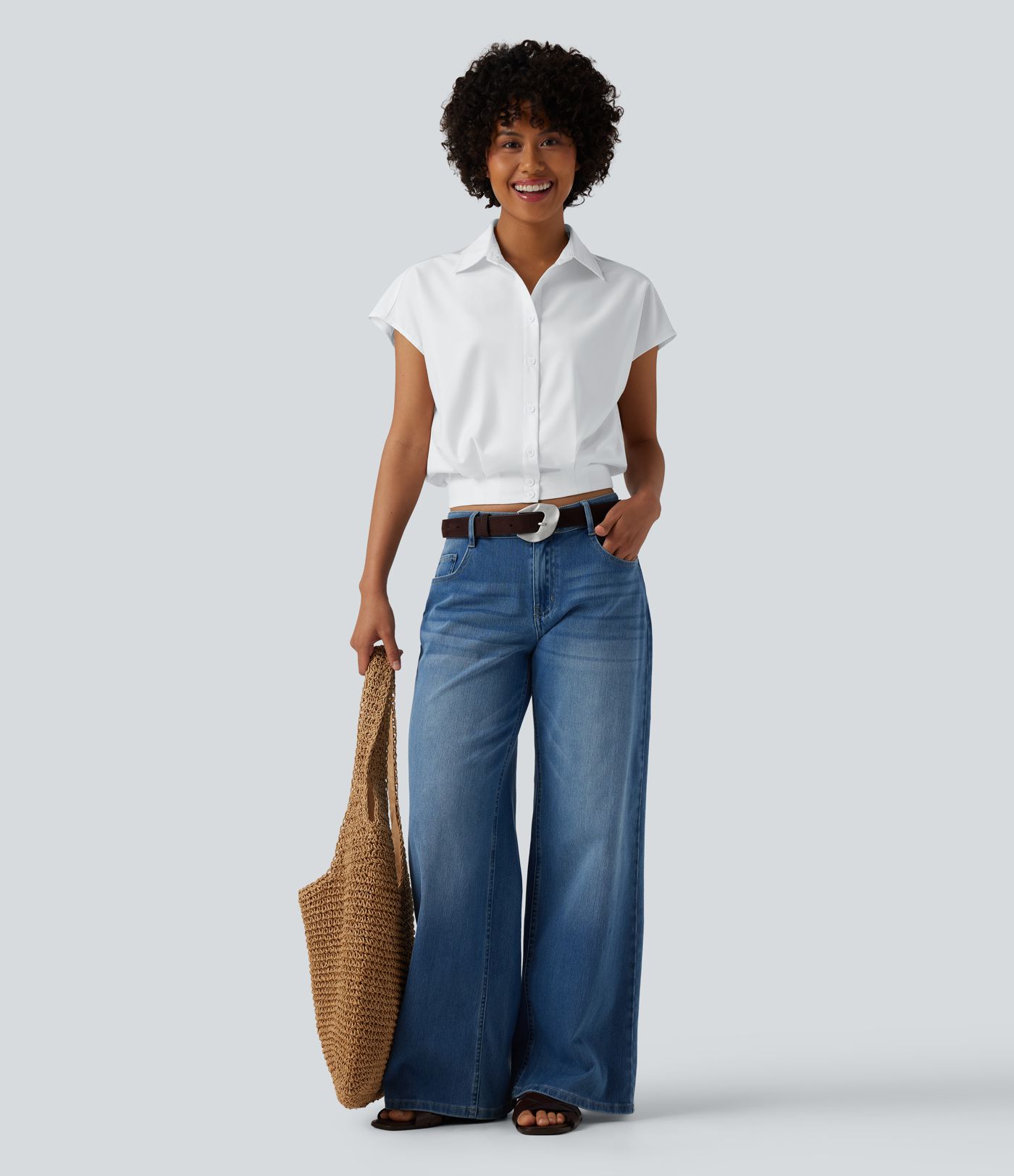 Collar Cap Sleeve Button Fly Casual Shirt