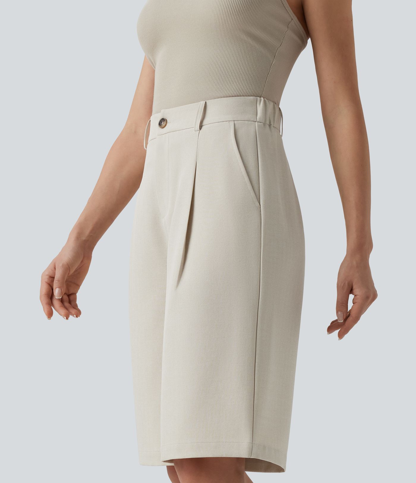 Wrinkle-resistant High Waisted Work Bermuda Linen-Feel Shorts with Pockets