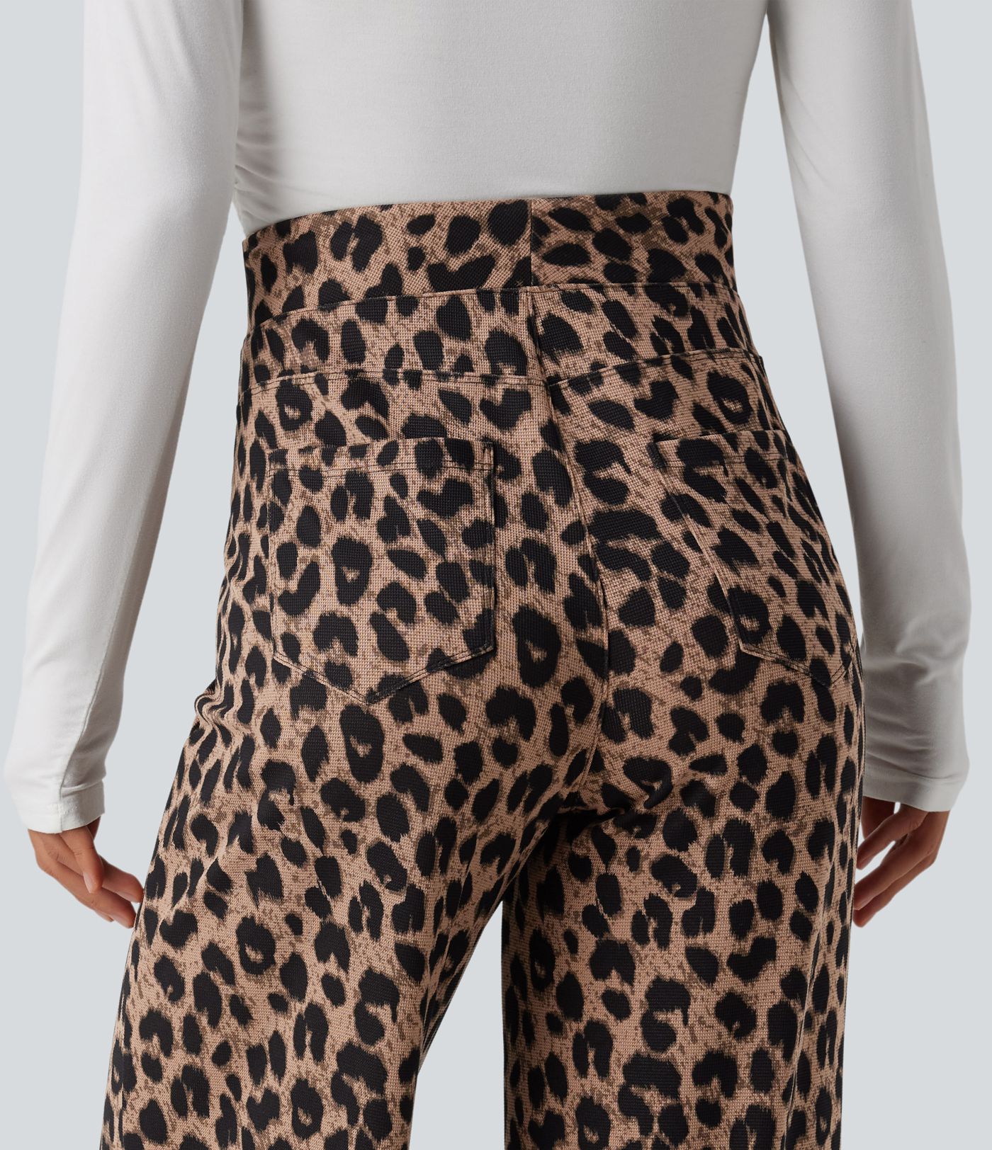 High Waisted Leopard Waffle Casual Baggy Pants with Pockets