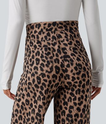 High Waisted Leopard Waffle Casual Baggy Pants with Pockets