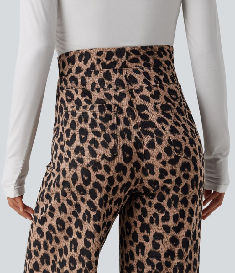 High Waisted Leopard Waffle Casual Baggy Pants with Pockets
