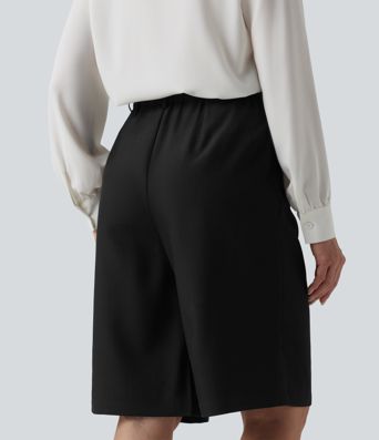 Wrinkle-resistant High Waisted Work Bermuda Linen-Feel Shorts with Pockets