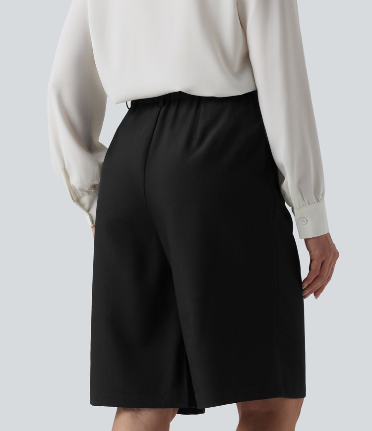 Wrinkle-resistant High Waisted Work Bermuda Linen-Feel Shorts with Pockets