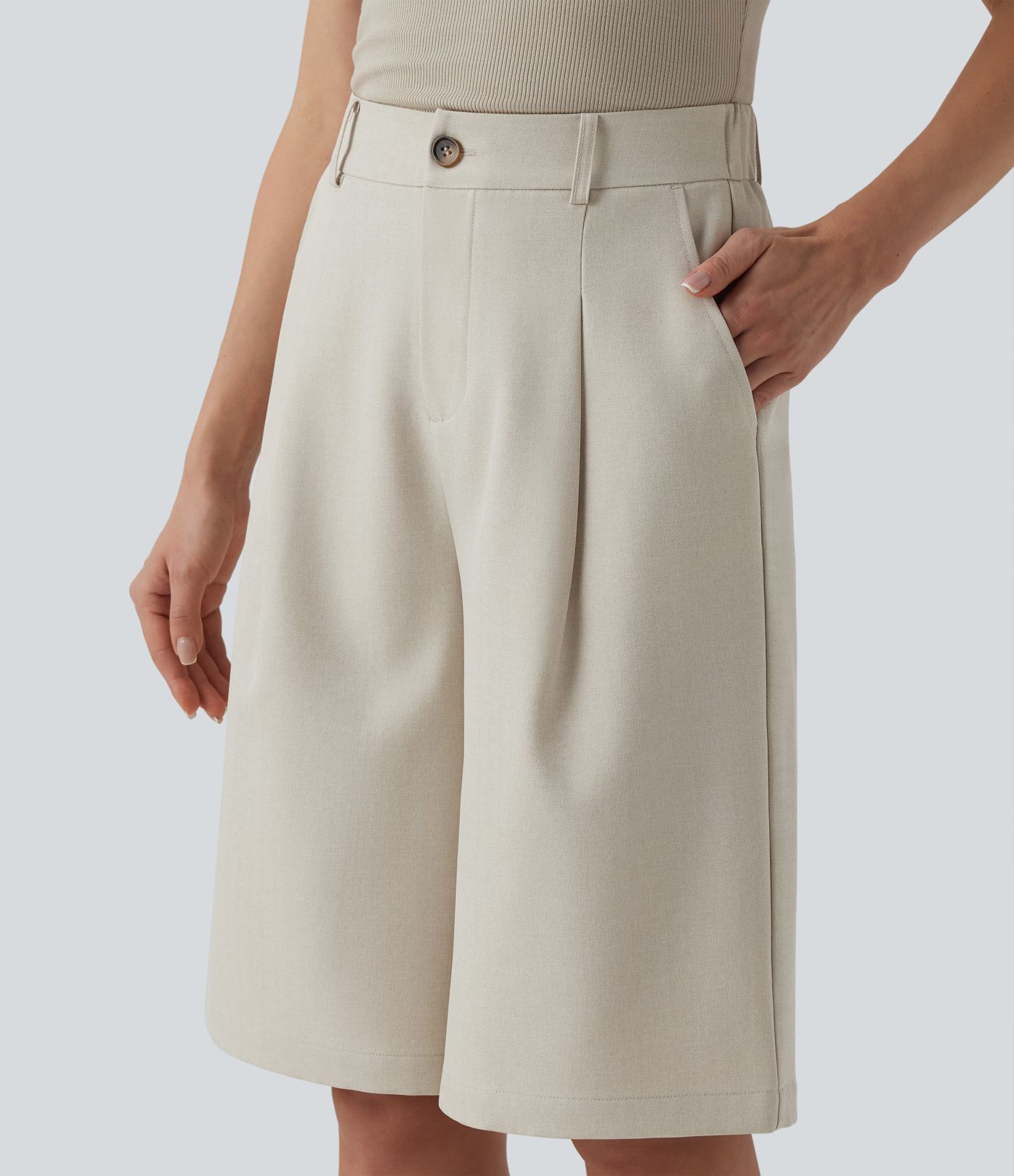 Wrinkle-resistant High Waisted Work Bermuda Linen-Feel Shorts with Pockets