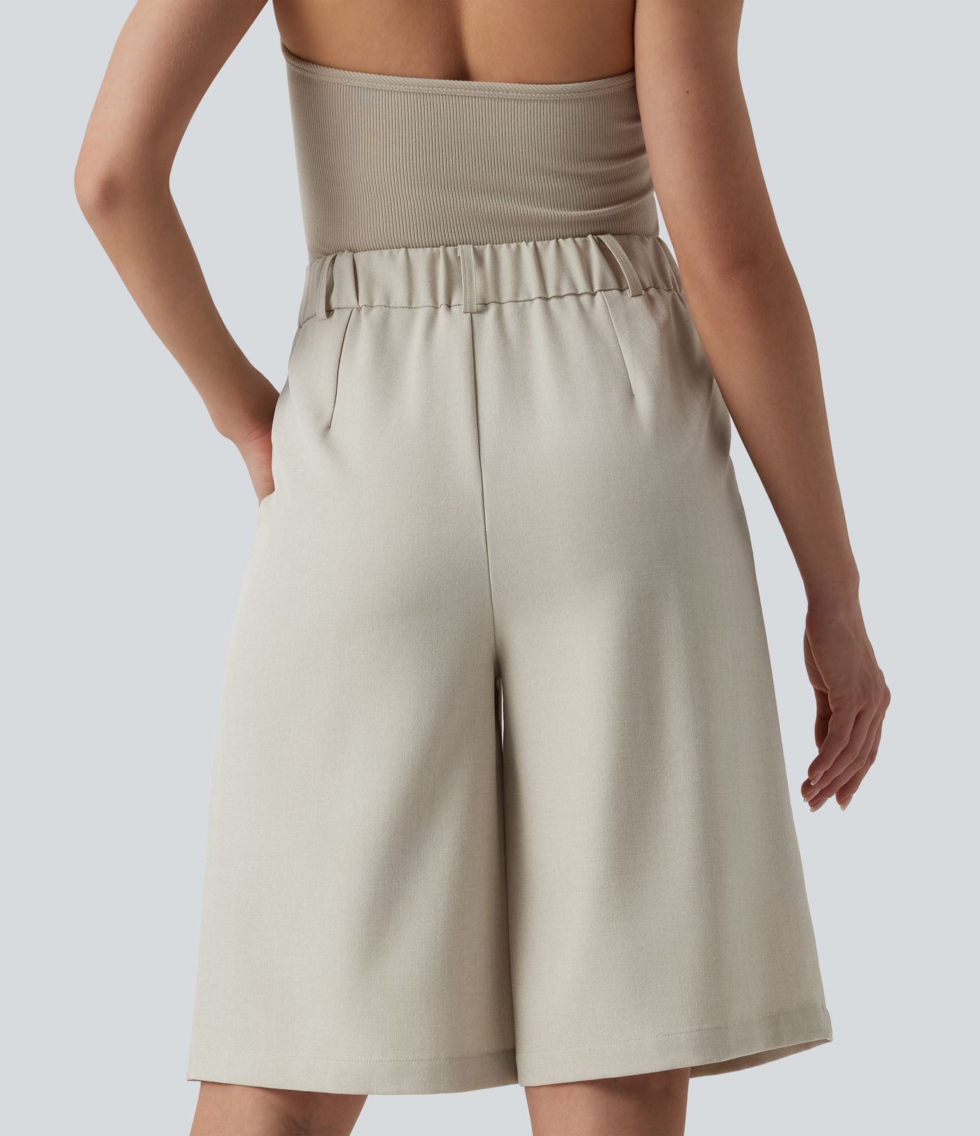 Wrinkle-resistant High Waisted Work Bermuda Linen-Feel Shorts with Pockets