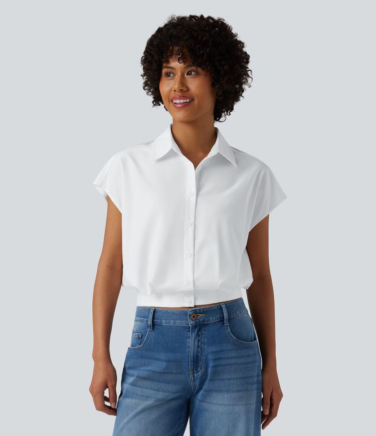 Collar Cap Sleeve Button Fly Casual Shirt