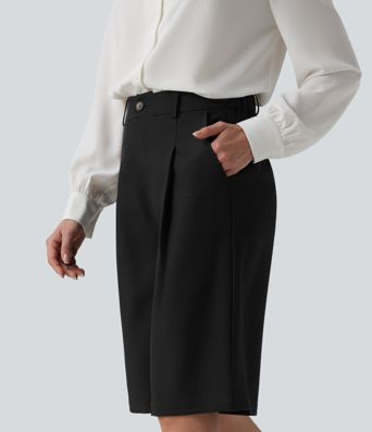 Wrinkle-resistant High Waisted Work Bermuda Linen-Feel Shorts with Pockets