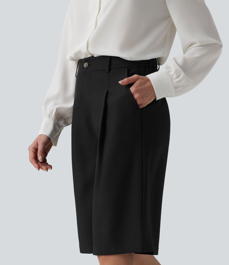 Wrinkle-resistant High Waisted Work Bermuda Linen-Feel Shorts with Pockets