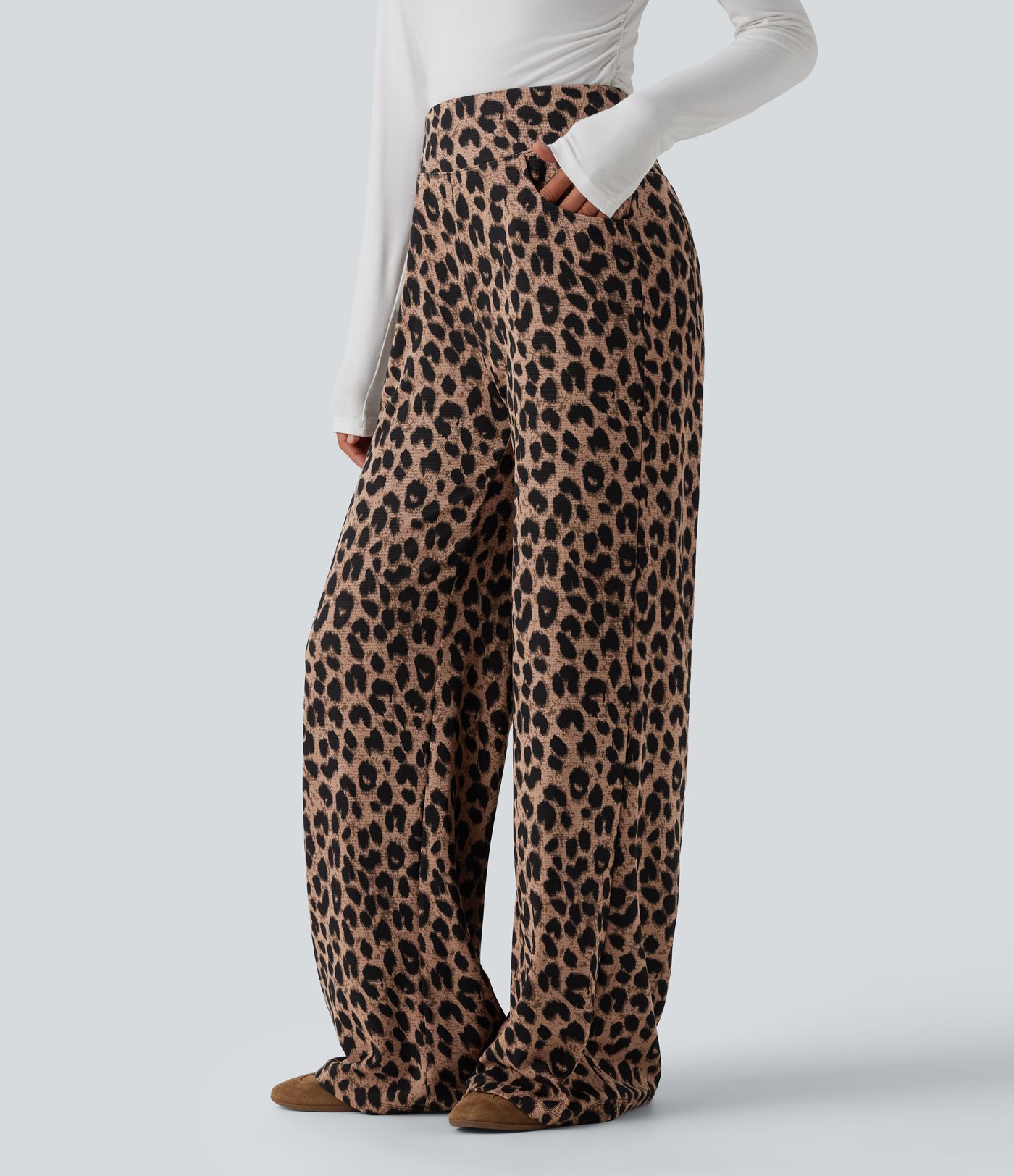 High Waisted Leopard Waffle Casual Baggy Pants with Pockets