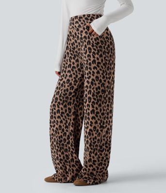 High Waisted Leopard Waffle Casual Baggy Pants with Pockets