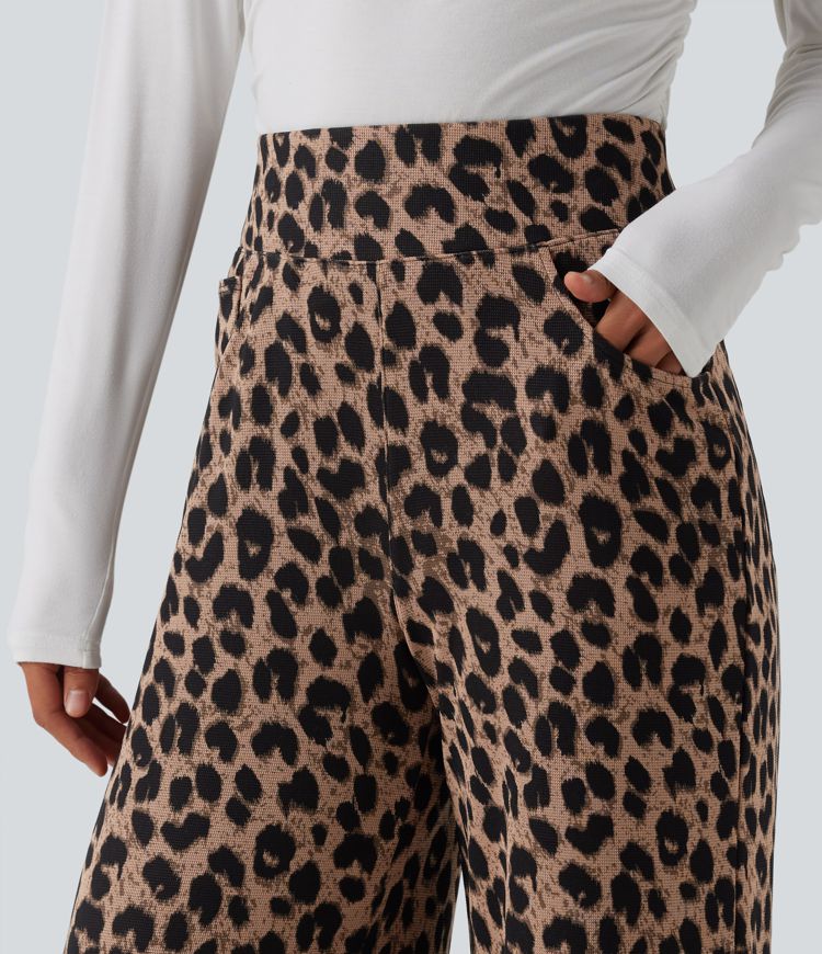 High Waisted Leopard Waffle Casual Baggy Pants with Pockets