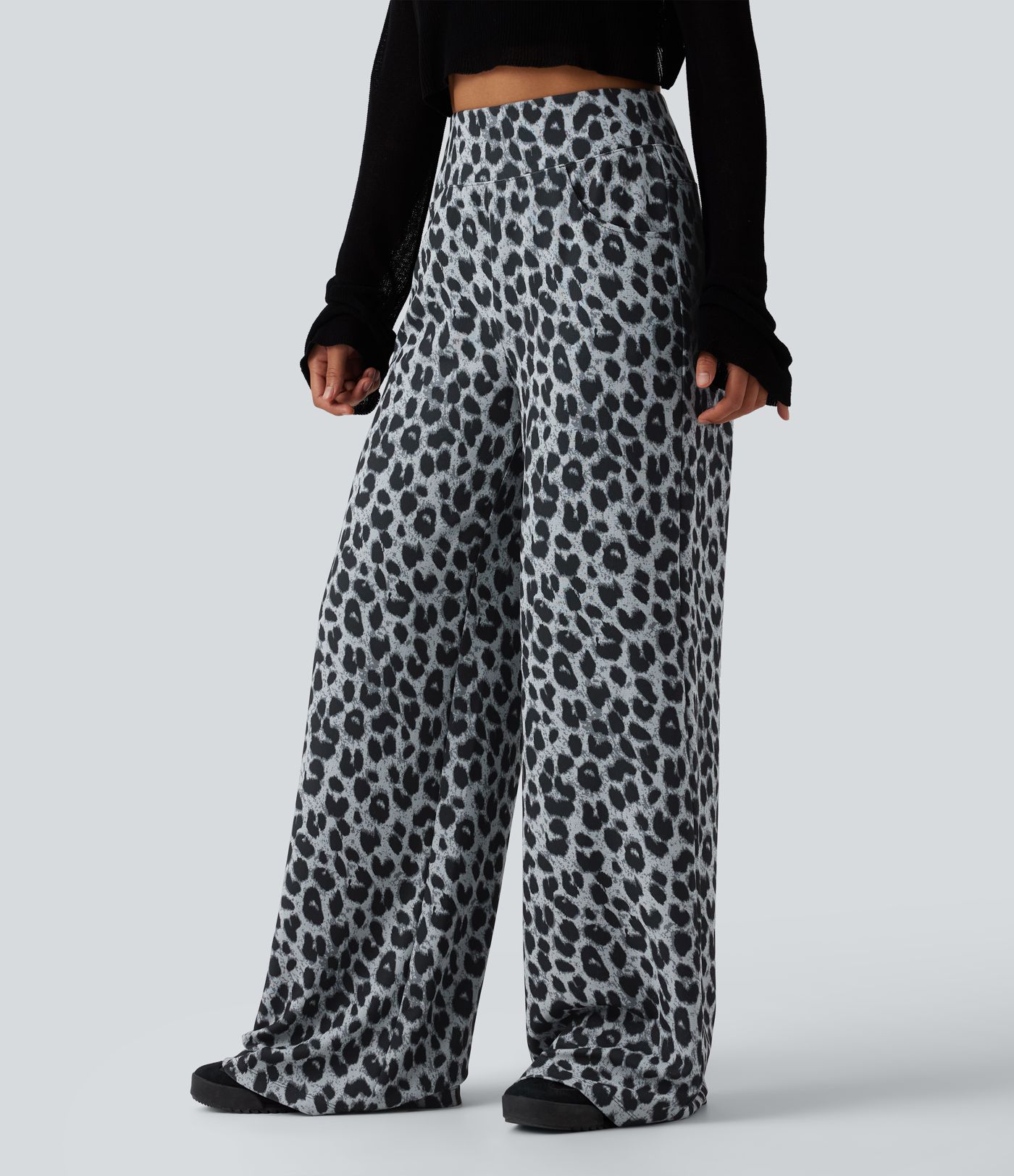 High Waisted Leopard Waffle Casual Baggy Pants with Pockets